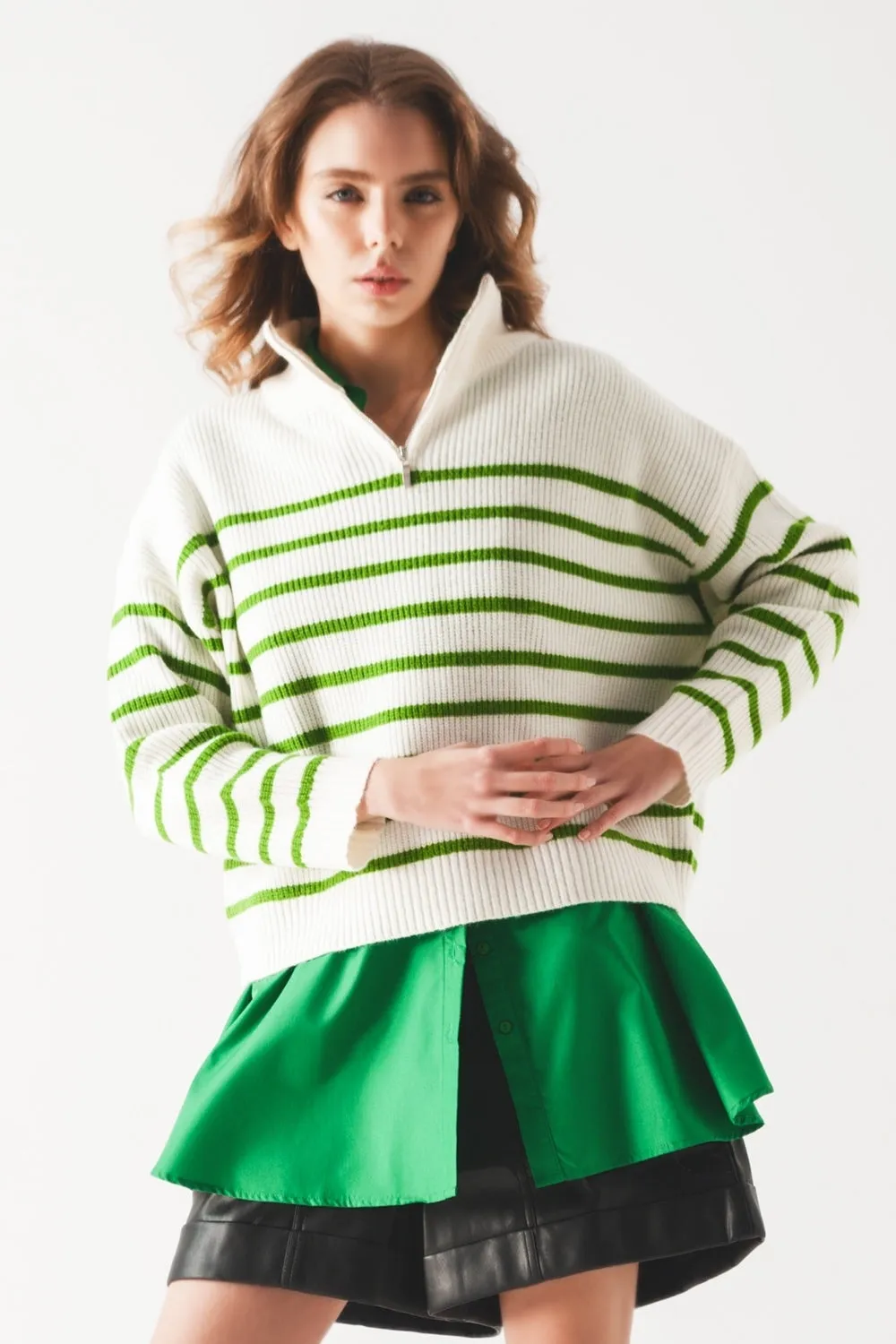 Striped zip up collar detail sweater in green