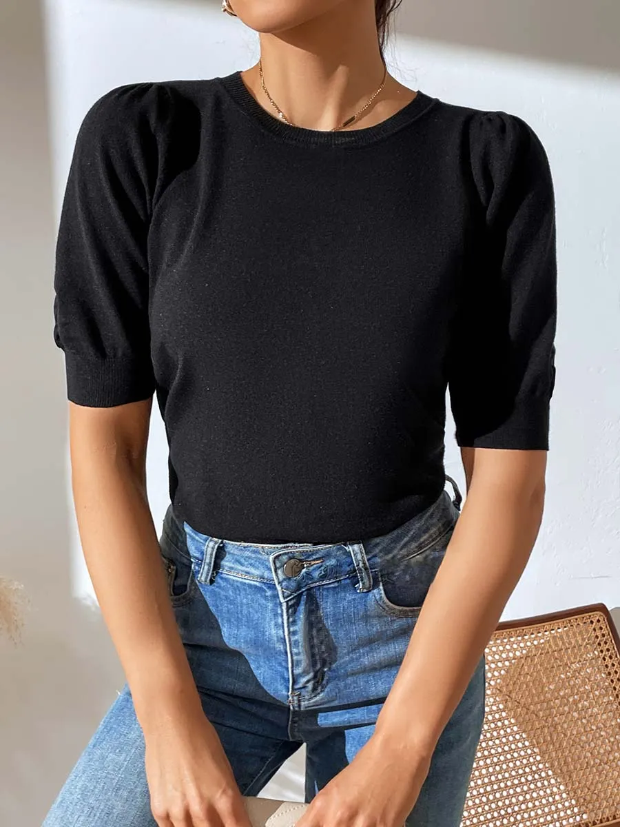 Stunncal Round Neck Pleated Short Sleeve Solid Color Knit (5 colors)
