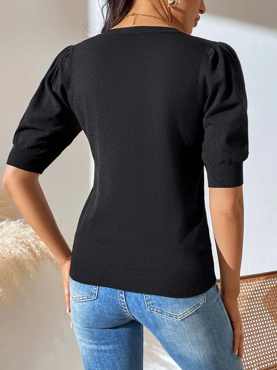 Stunncal Round Neck Pleated Short Sleeve Solid Color Knit (5 colors)