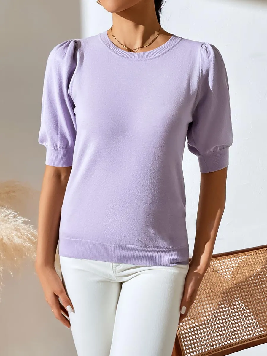 Stunncal Round Neck Pleated Short Sleeve Solid Color Knit (5 colors)
