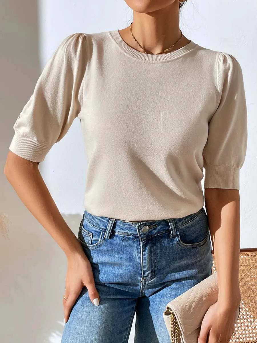 Stunncal Round Neck Pleated Short Sleeve Solid Color Knit (5 colors)