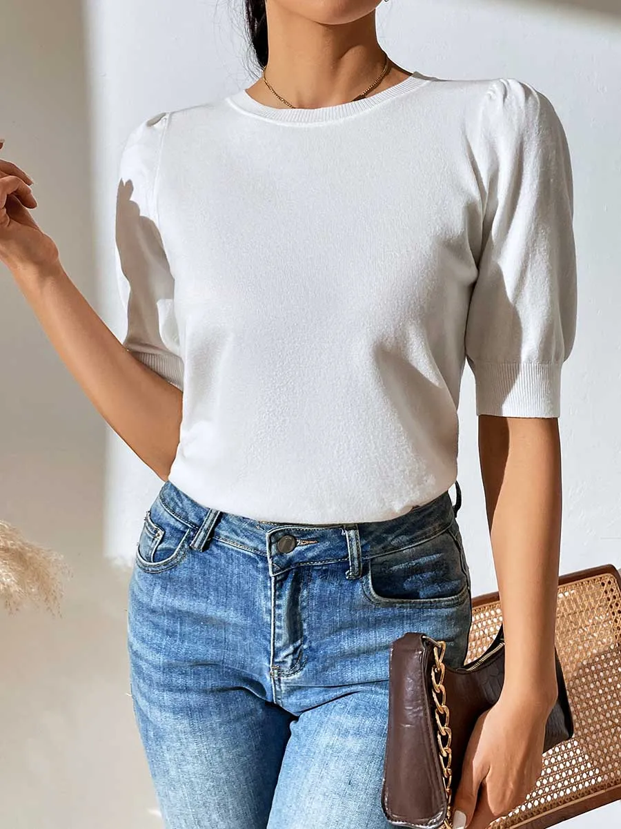 Stunncal Round Neck Pleated Short Sleeve Solid Color Knit (5 colors)