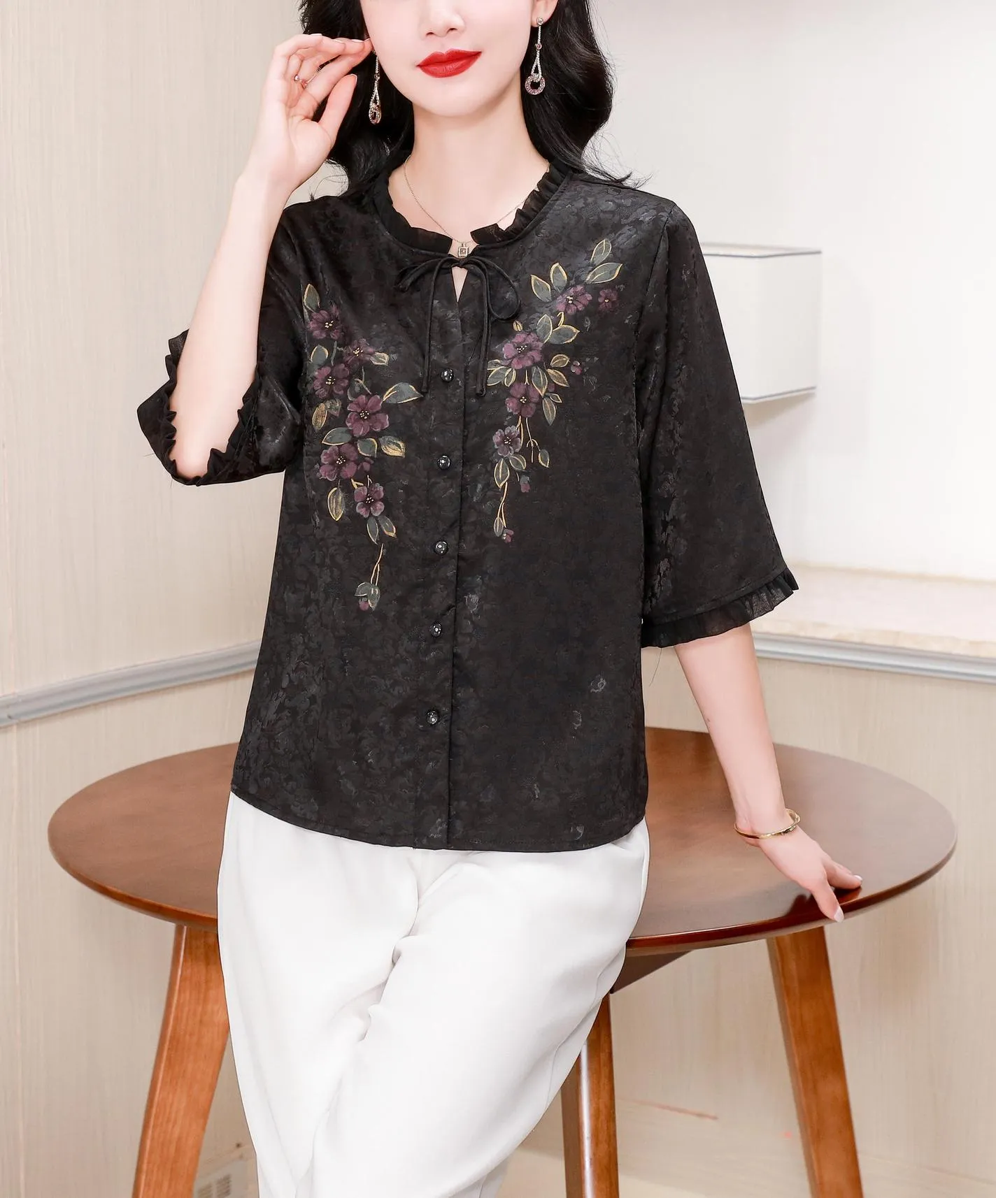 Stylish Loose-fit Blouse Featuring Embroidered and Ruched Sleeves