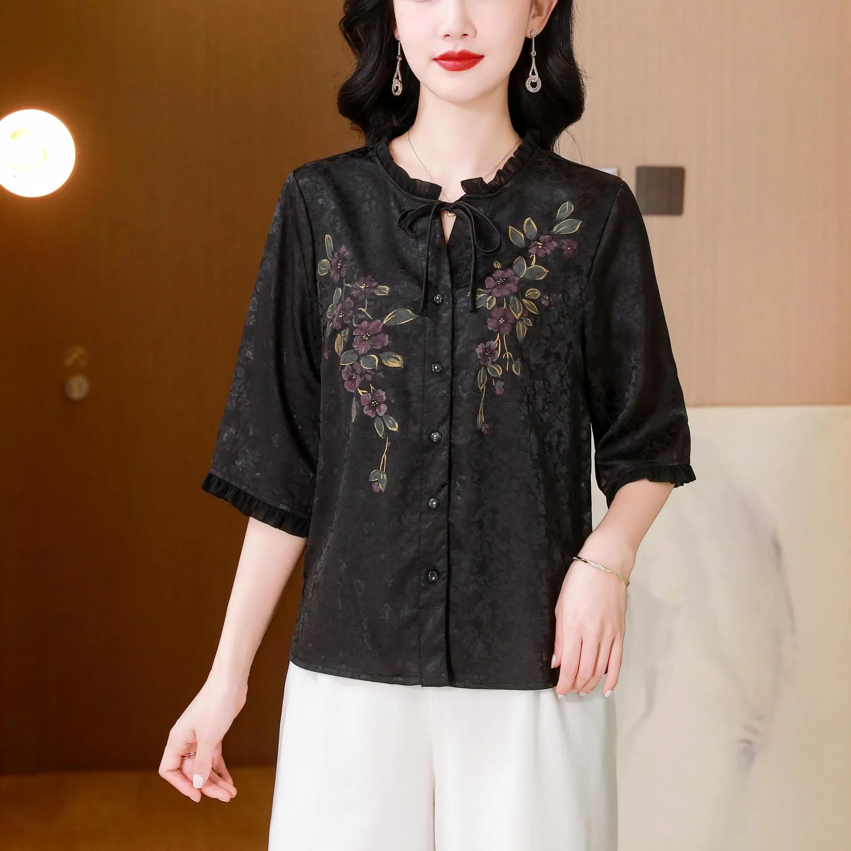 Stylish Loose-fit Blouse Featuring Embroidered and Ruched Sleeves