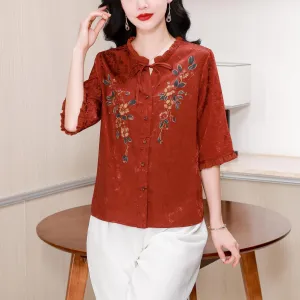 Stylish Loose-fit Blouse Featuring Embroidered and Ruched Sleeves