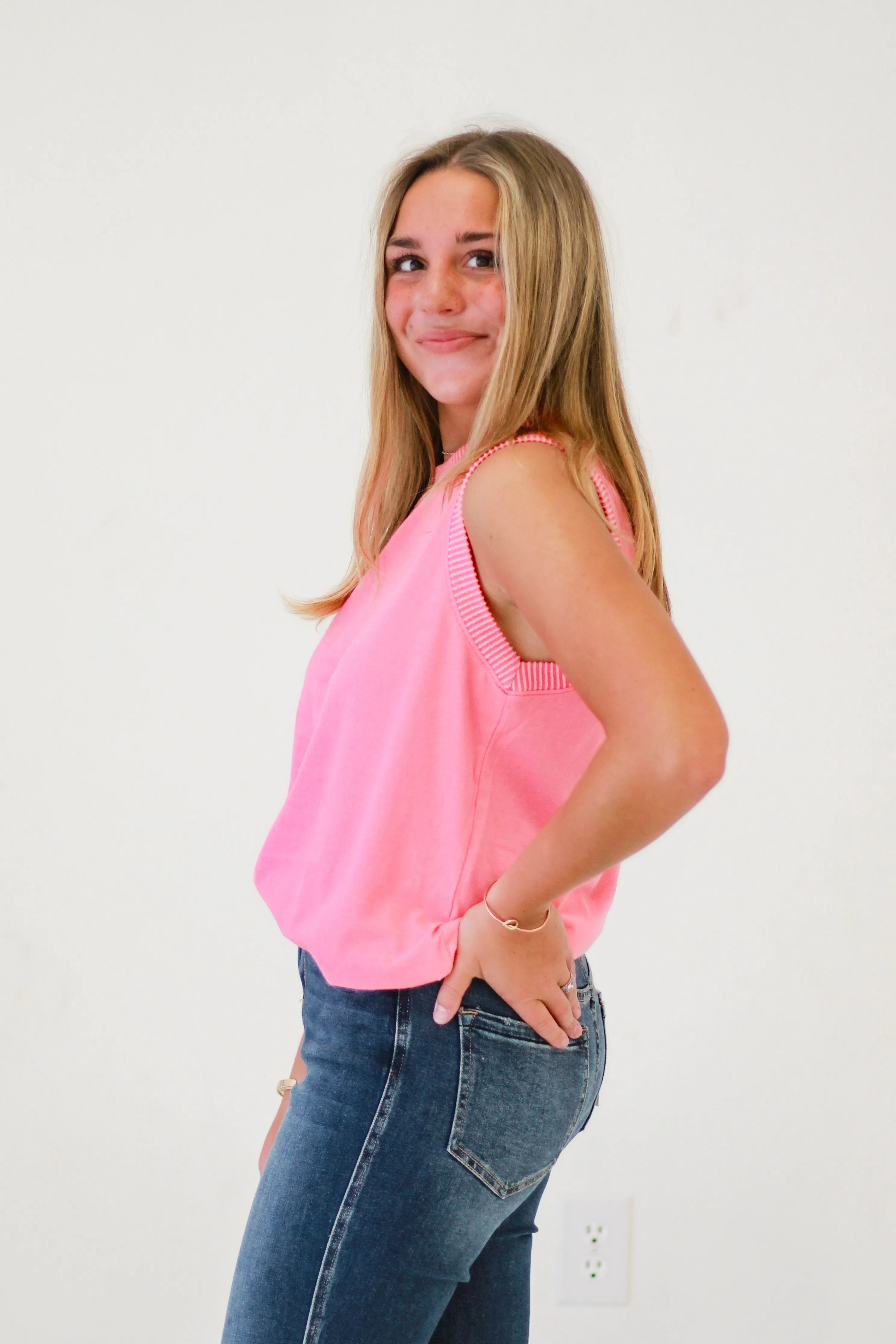 Summer Symphony Ribbed and Cotton Mix Contrast Top in Bubble Gum