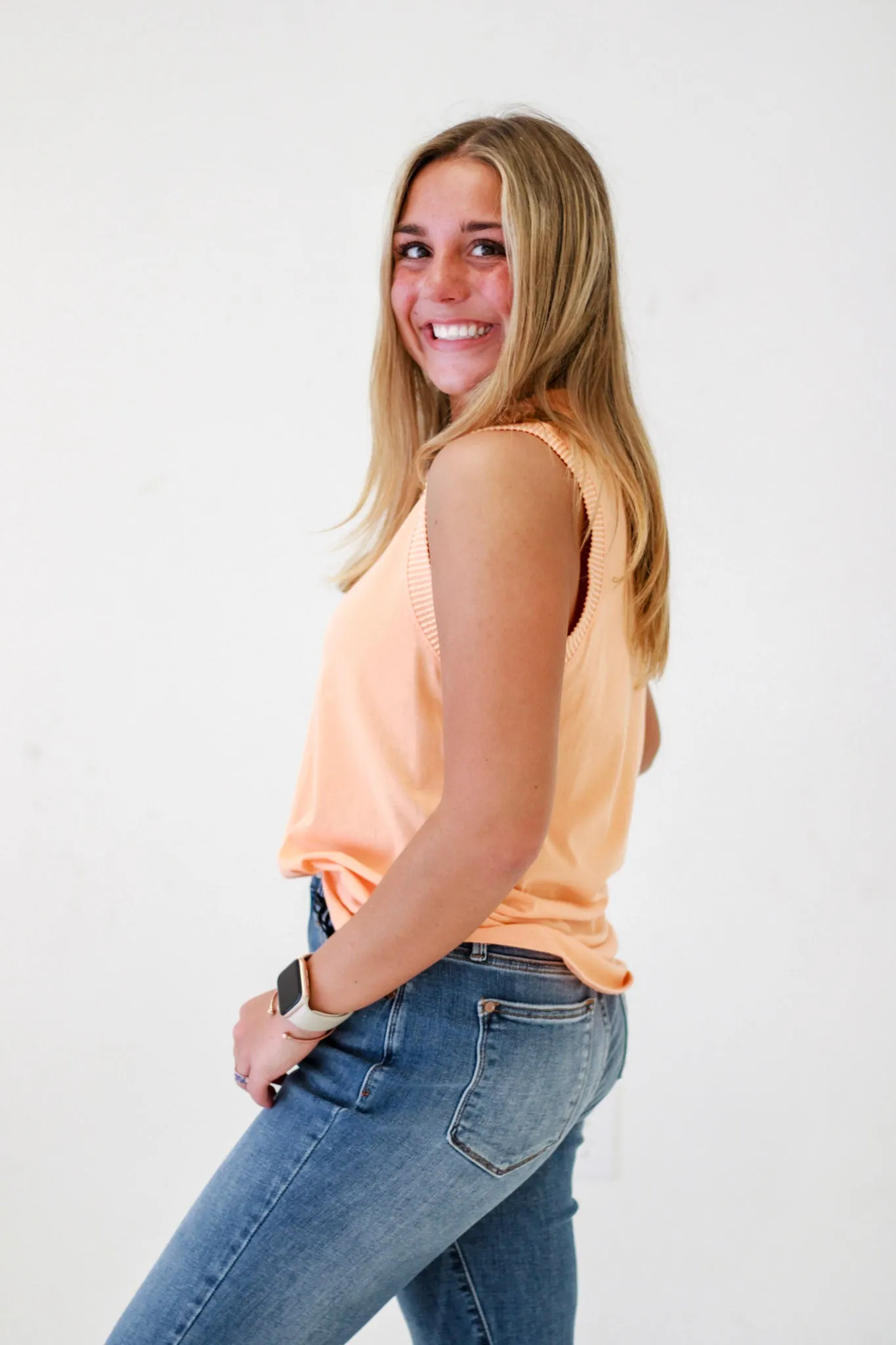 Summer Symphony Ribbed and Cotton Mix Contrast Top in Tangerine
