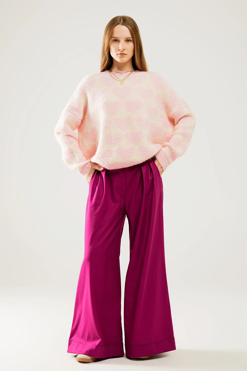 Super Soft Oversized Cream Sweater With Pink Hearts All Over