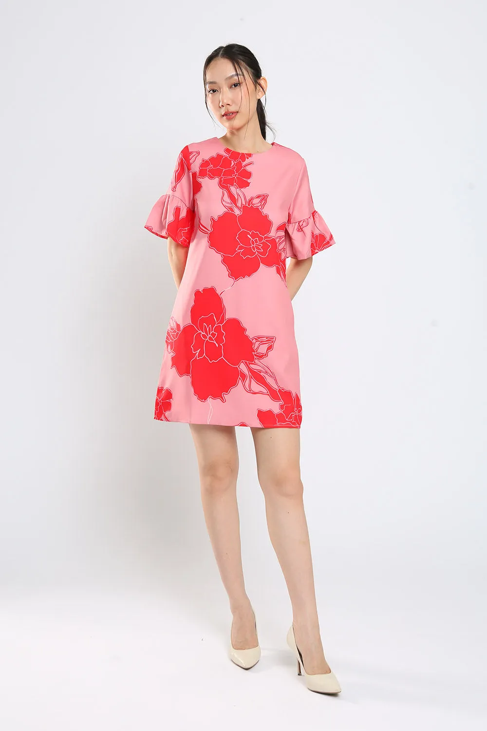 Sylvie Shift Dress in Red Floral Print