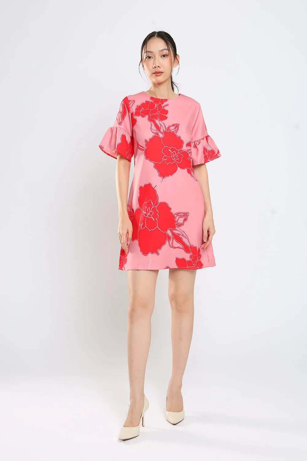 Sylvie Shift Dress in Red Floral Print