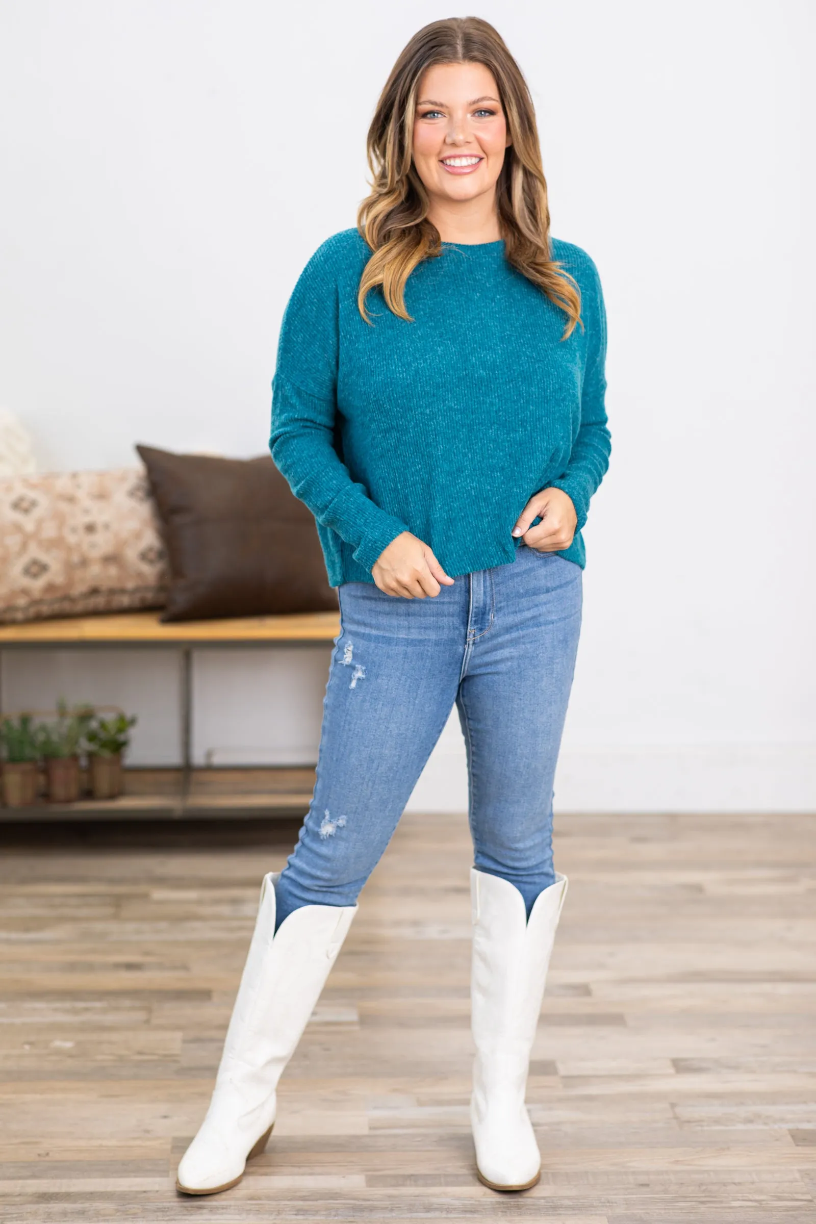 Teal Ribbed Dolman Sleeve Sweater