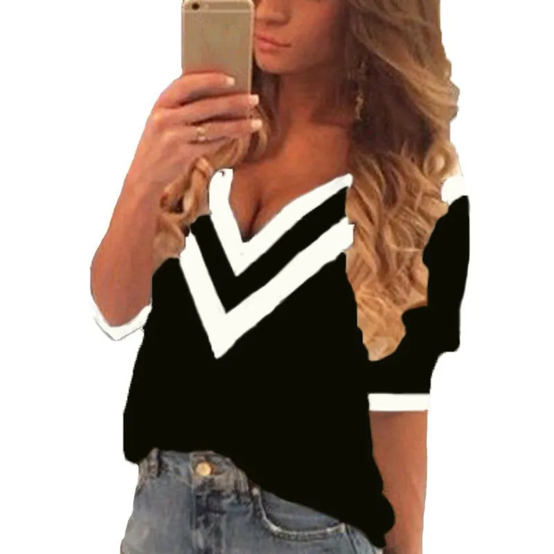 Tee Tops Women Deep V Neck Blouses Casual Loose 3/4 Sleeve Blouse Shirts Plus Size
