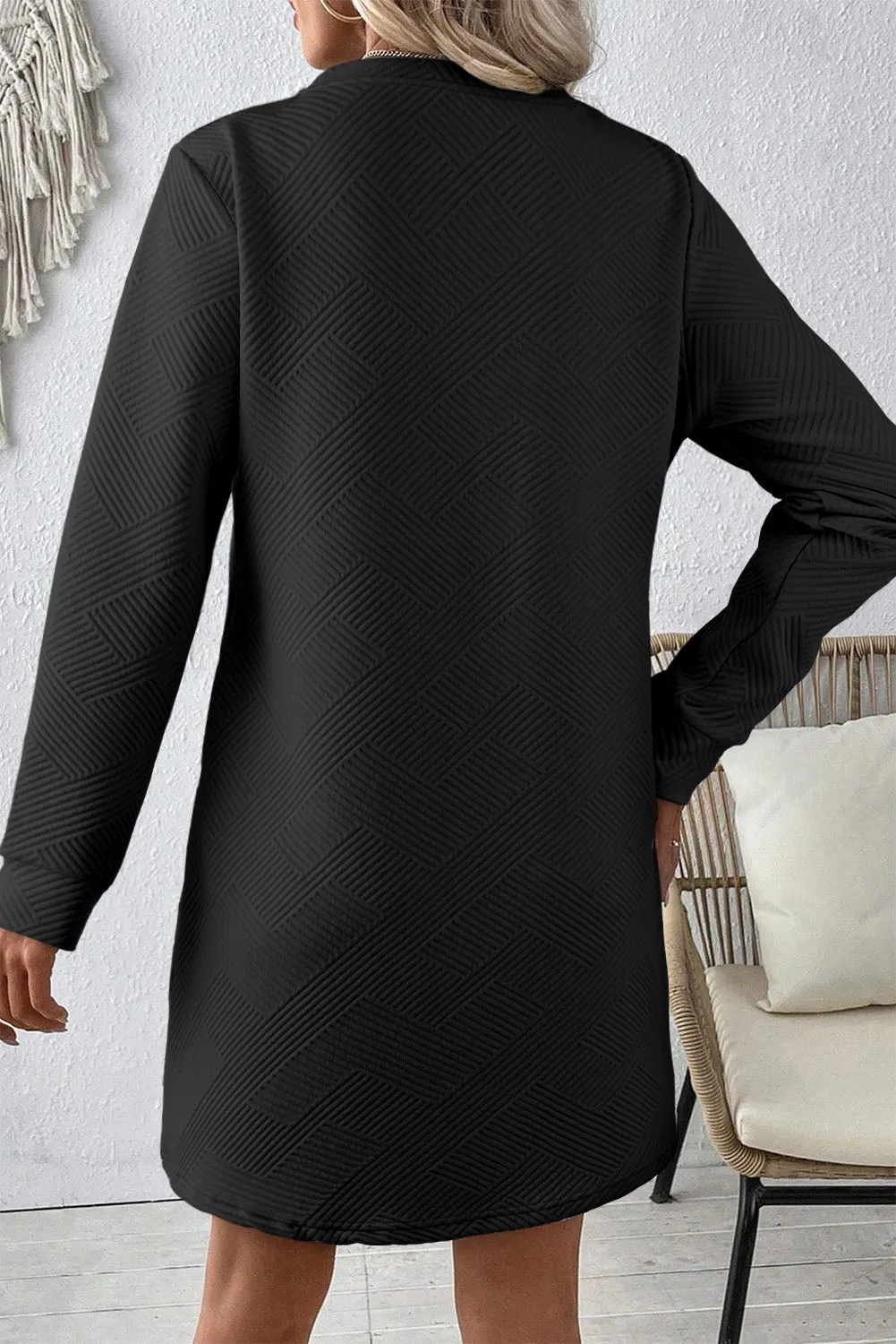 Textured Geometric Pattern Shift Dress with Long Sleeves