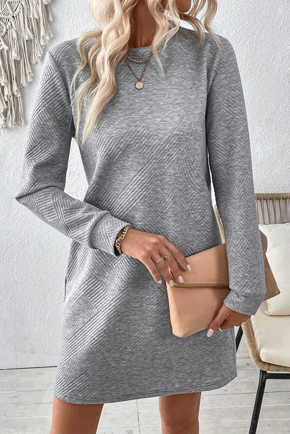 Textured Geometric Pattern Shift Dress with Long Sleeves