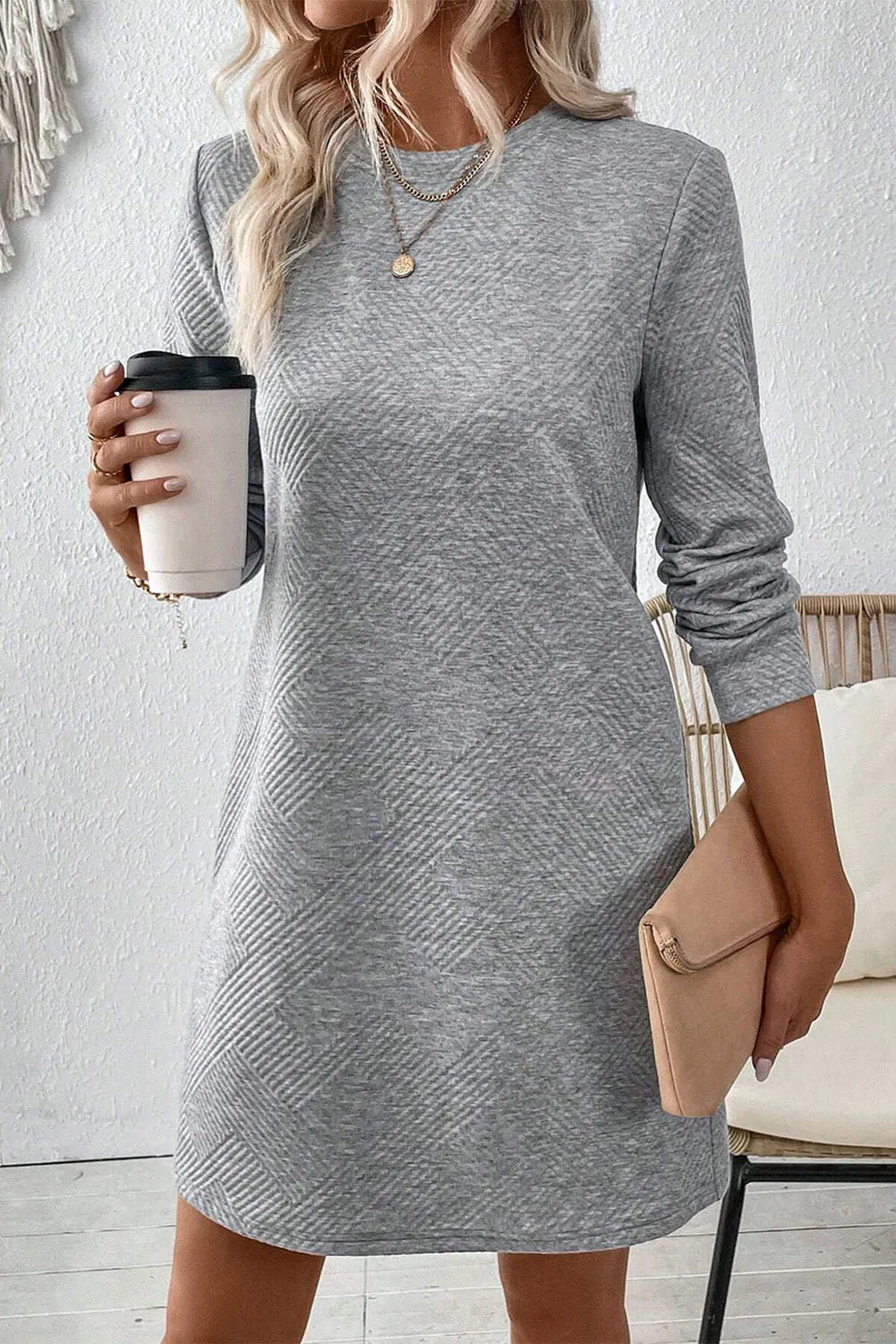 Textured Geometric Pattern Shift Dress with Long Sleeves