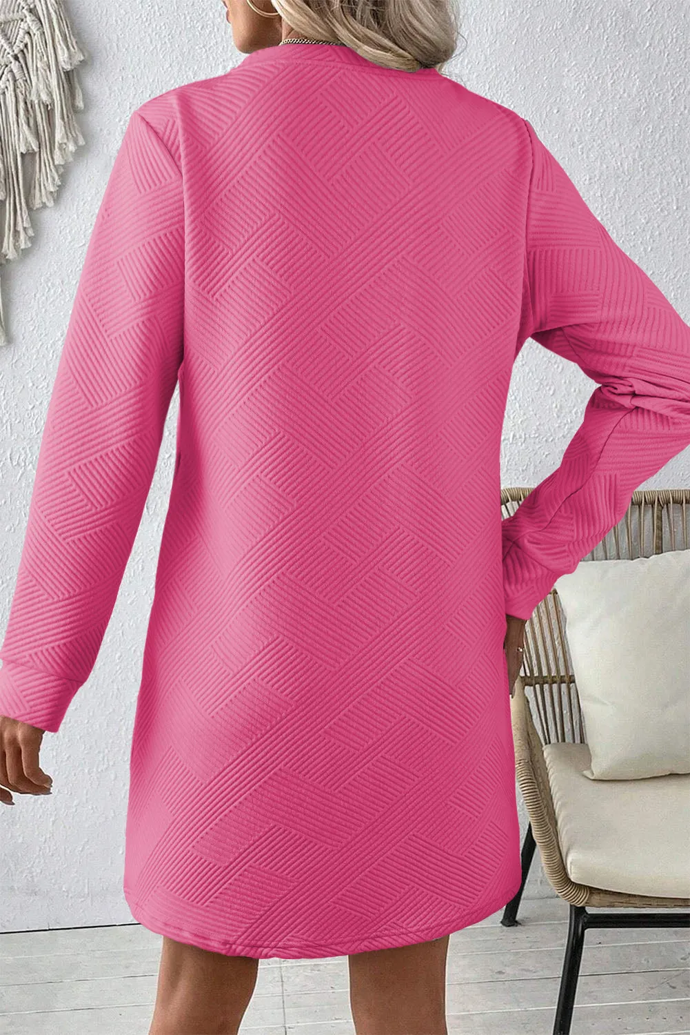 Textured Geometric Pattern Shift Dress with Long Sleeves