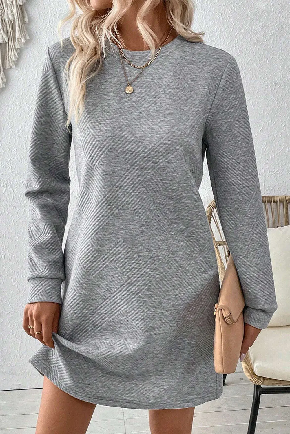 Textured Geometric Pattern Shift Dress with Long Sleeves