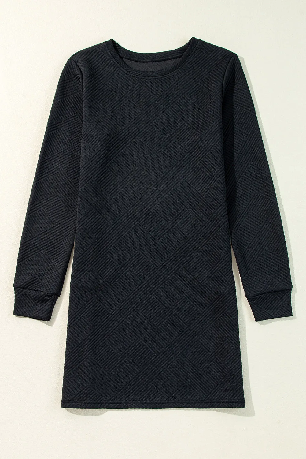 Textured Geometric Pattern Shift Dress with Long Sleeves