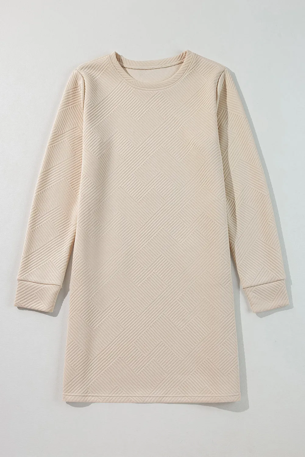 Textured Geometric Pattern Shift Dress with Long Sleeves
