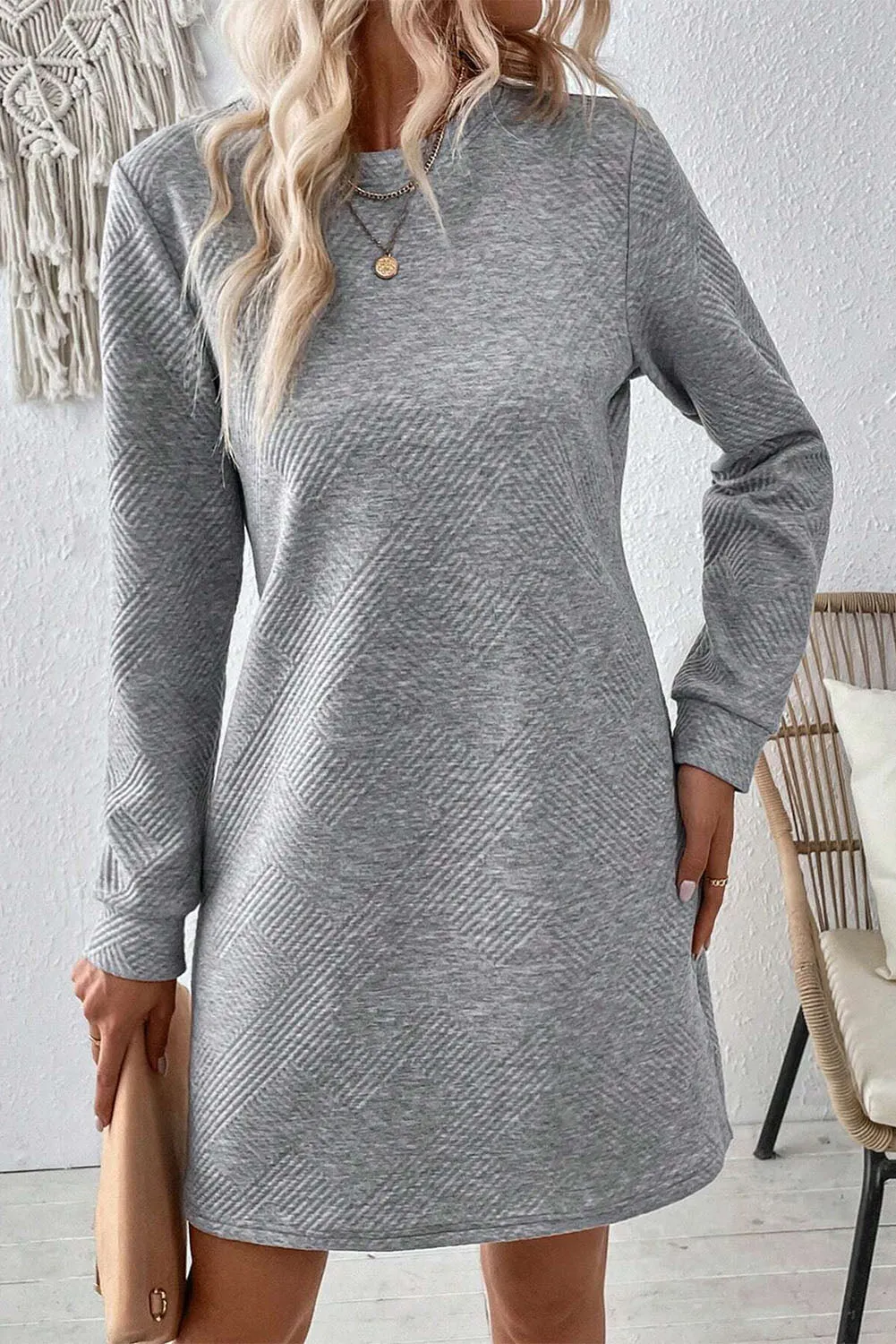Textured Geometric Pattern Shift Dress with Long Sleeves
