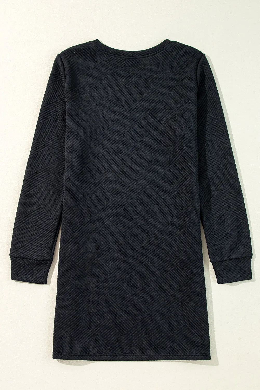 Textured Geometric Pattern Shift Dress with Long Sleeves