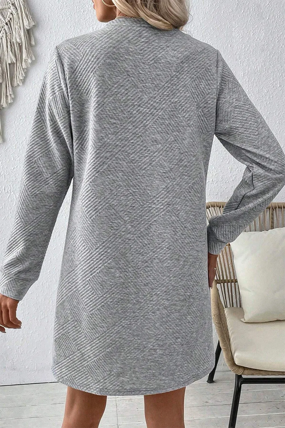 Textured Geometric Pattern Shift Dress with Long Sleeves