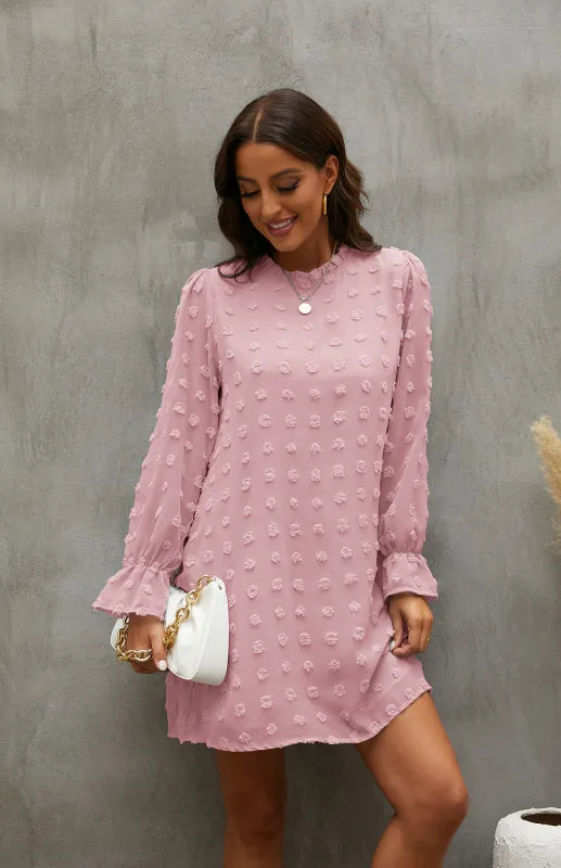 Textured Woven Shift Dress with Floral Design