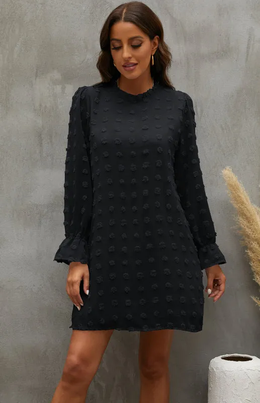 Textured Woven Shift Dress with Floral Design