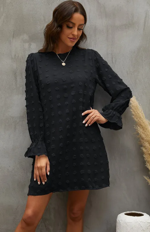 Textured Woven Shift Dress with Floral Design