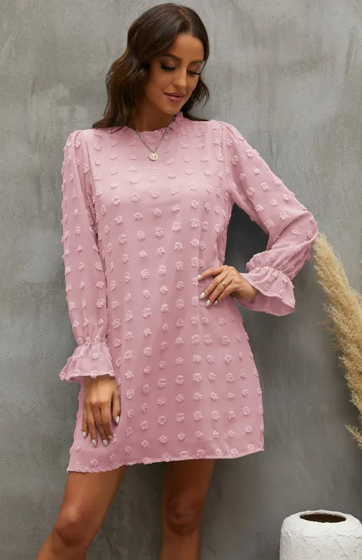 Textured Woven Shift Dress with Floral Design