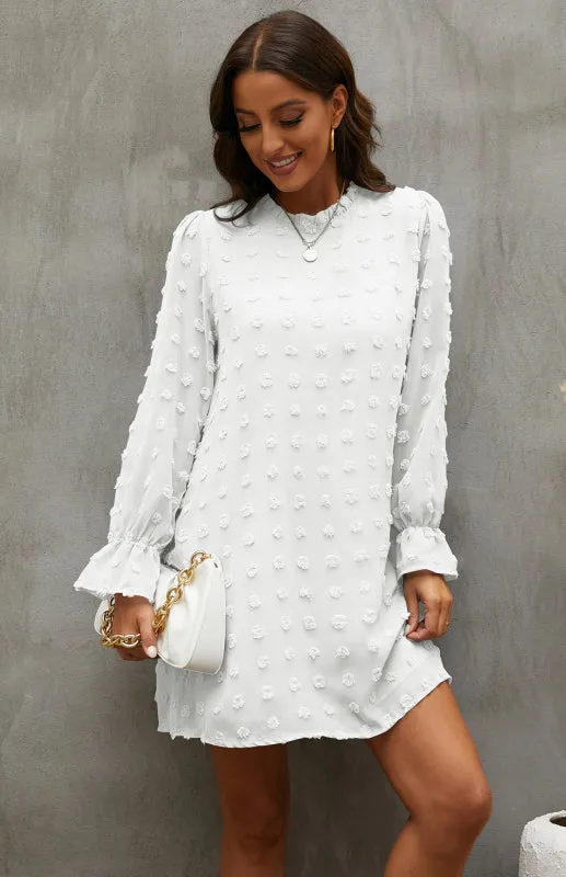 Textured Woven Shift Dress with Floral Design