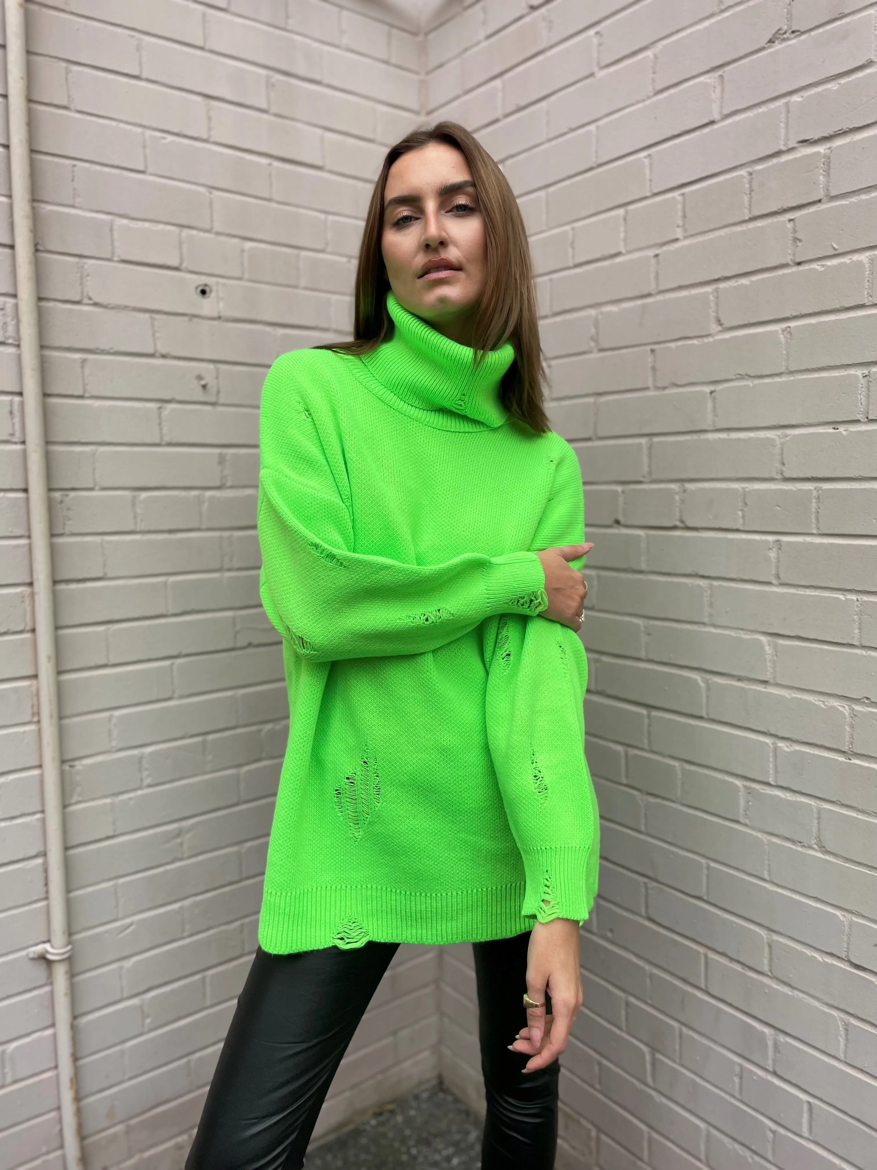 The Pink Door Oversized Knit Sweaters - Neon Green