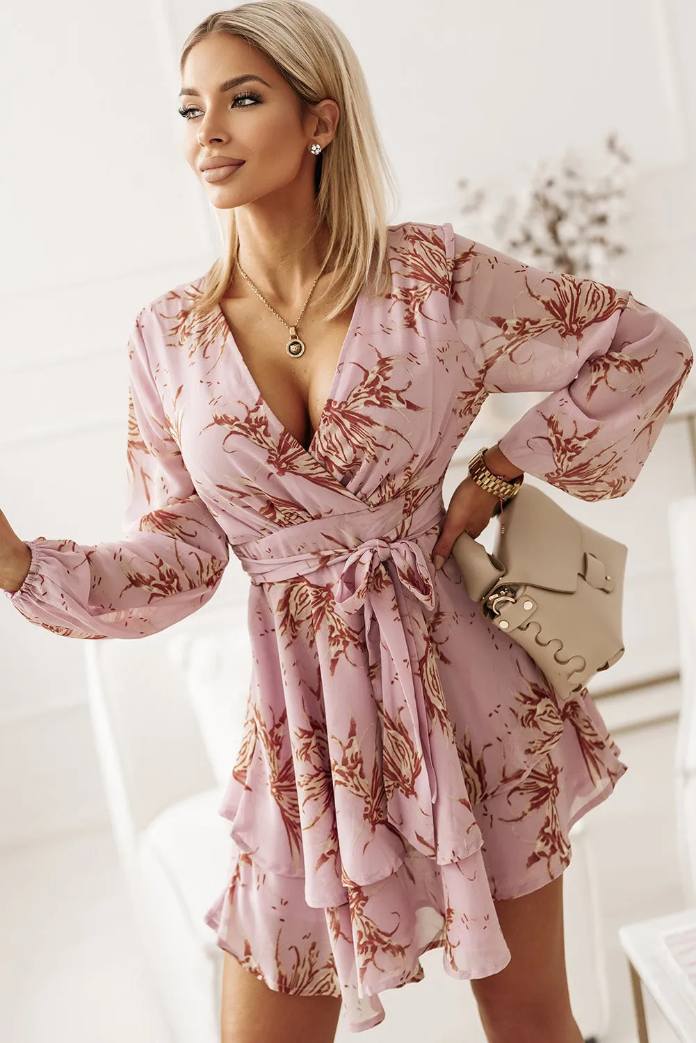 Tie Waist Floral Print Short Dress