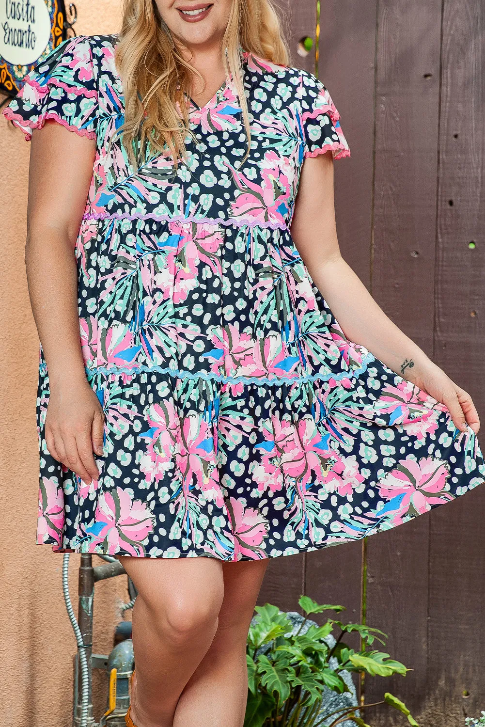 Trim Flared Plus Size Floral Dress