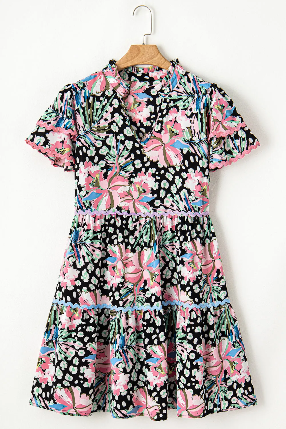 Trim Flared Plus Size Floral Dress