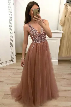 Tulle Beaded Dusty Rose Prom Dress With Lace Up Evening Dress,MP444