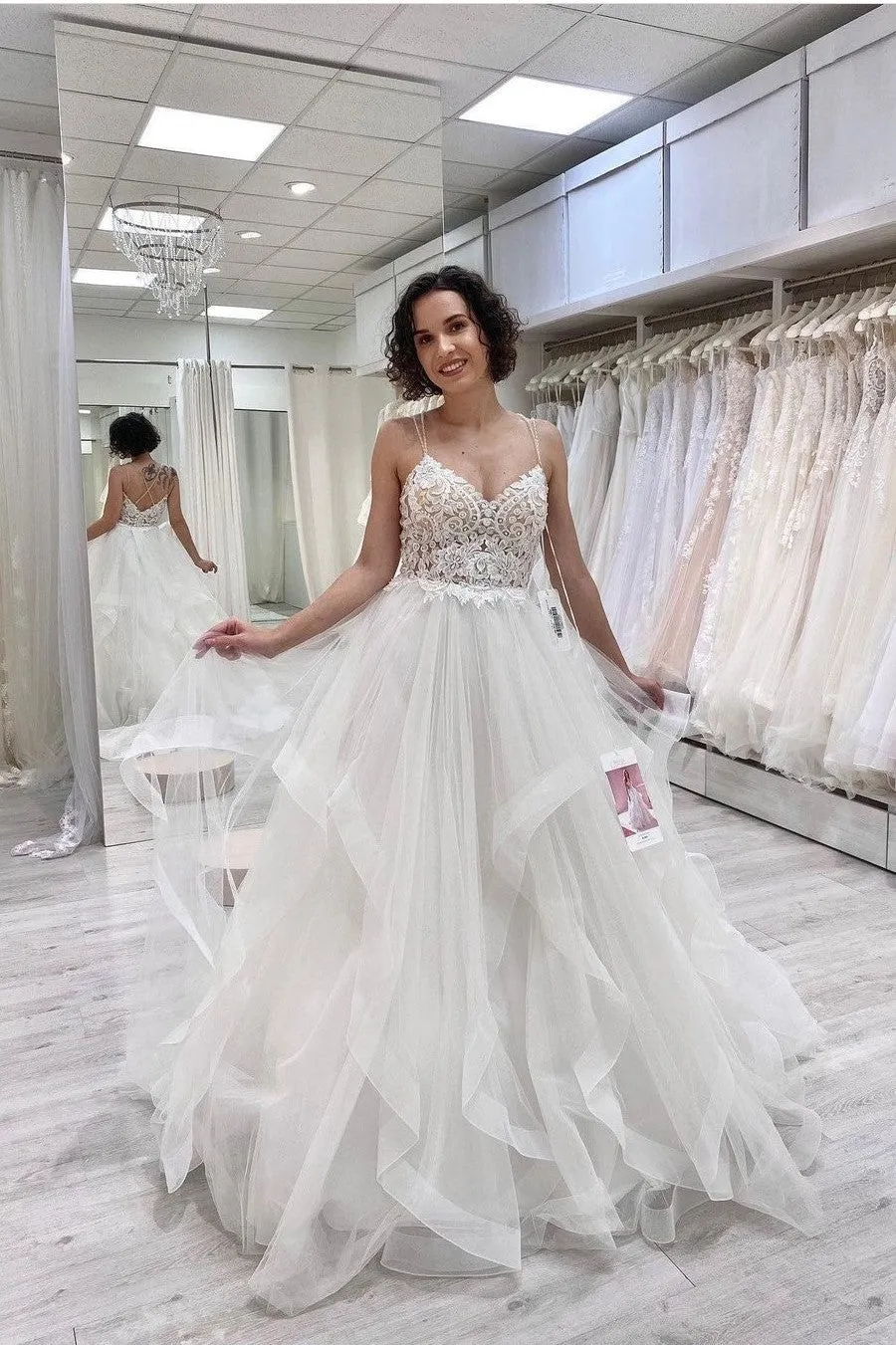 Tulle Horsehair Lace Bridal Gowns with Beaded X Back