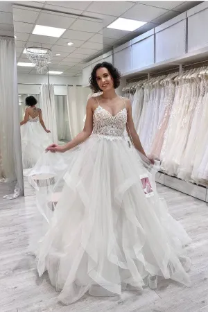 Tulle Horsehair Lace Bridal Gowns with Beaded X Back