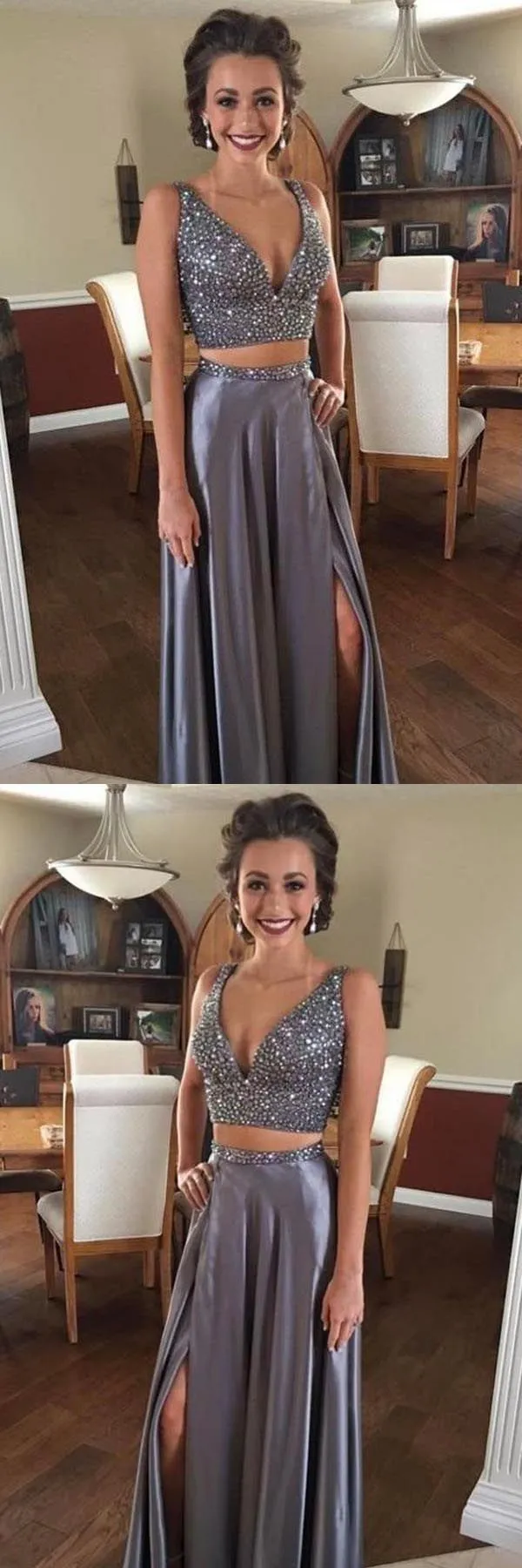 Two Piece Deep V Neck Slit Beaded Grey Chiffon Prom Dressses ,Cheap Prom Dresses,PDY0433