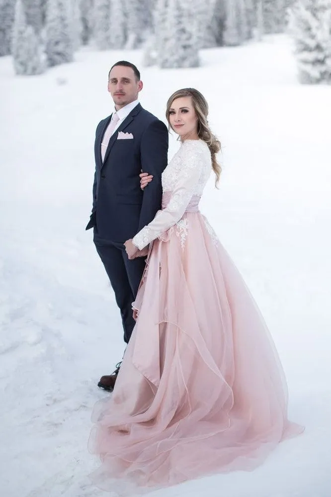 Two-tone Winter Bridal Gown with Long Sleeves