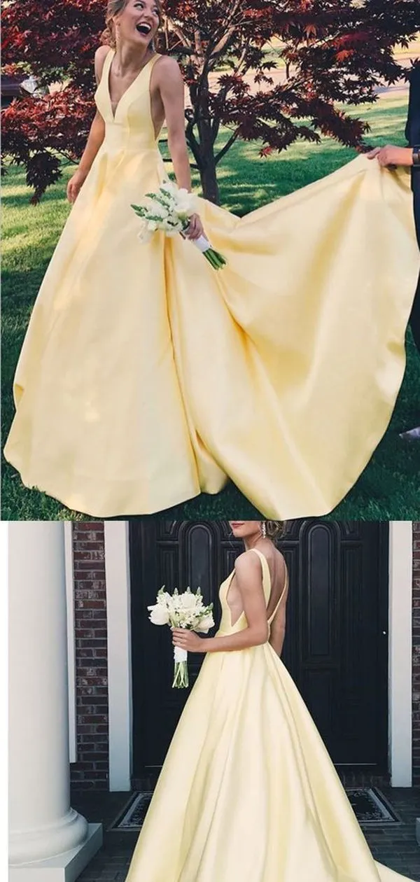 V-Neck Yellow/Blue/Pink Satin Prom Dresses,Cheap Prom Dresses,PDY0523