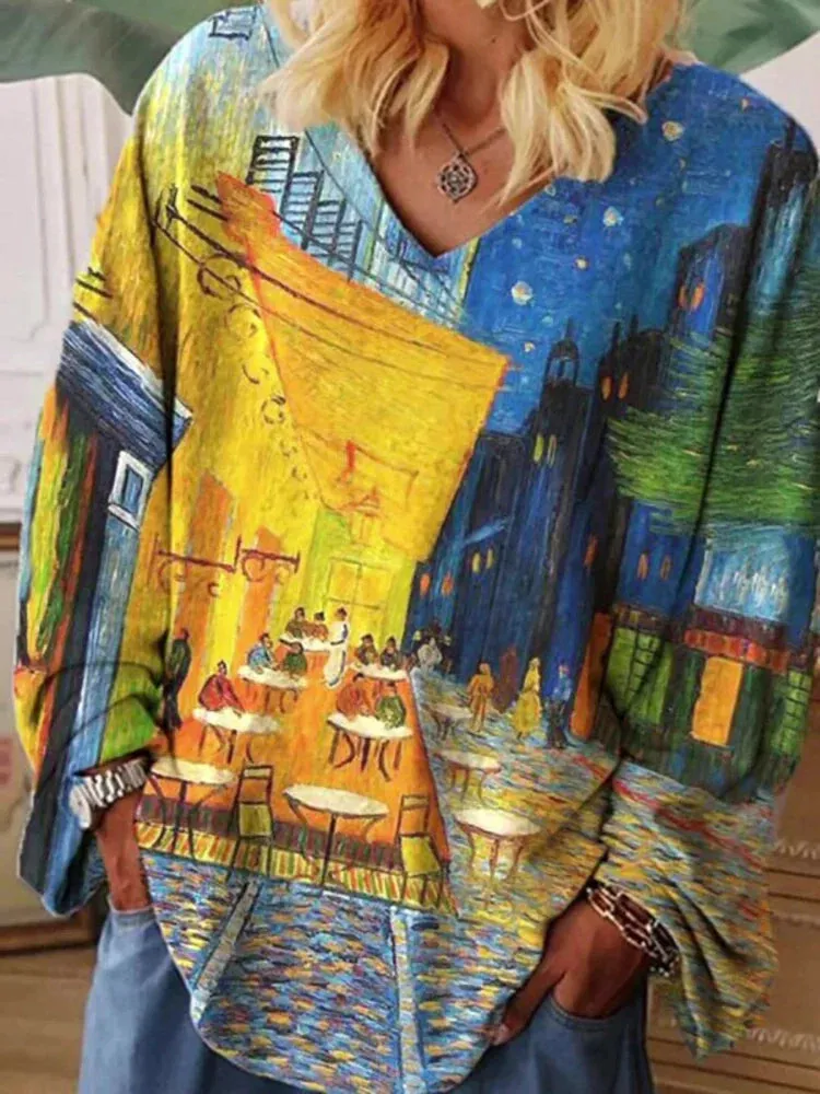 Van Gogh Art V-neck T-shirt, loose fit