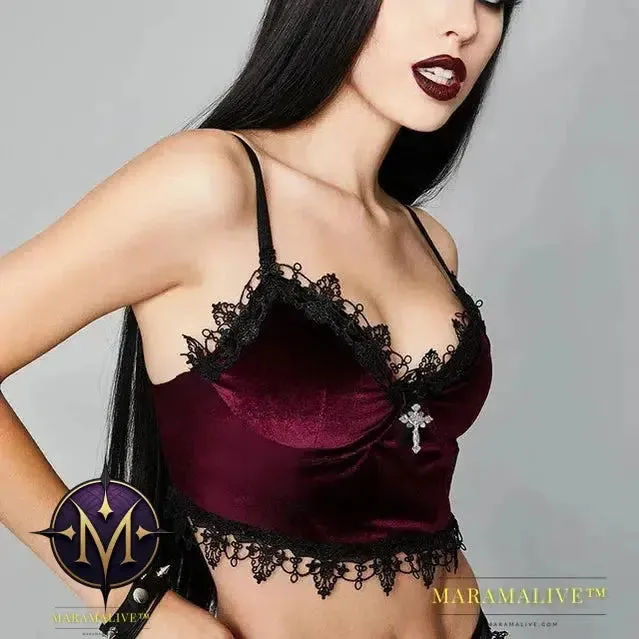Velvet Y2K Mall Goth Crop Tops Black Lace Trim Emo Alternative Aesthetic Crop Tops Women Backless Sexy Strap Tanks