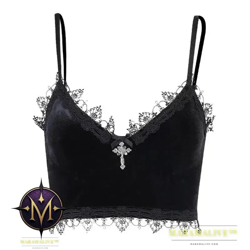 Velvet Y2K Mall Goth Crop Tops Black Lace Trim Emo Alternative Aesthetic Crop Tops Women Backless Sexy Strap Tanks