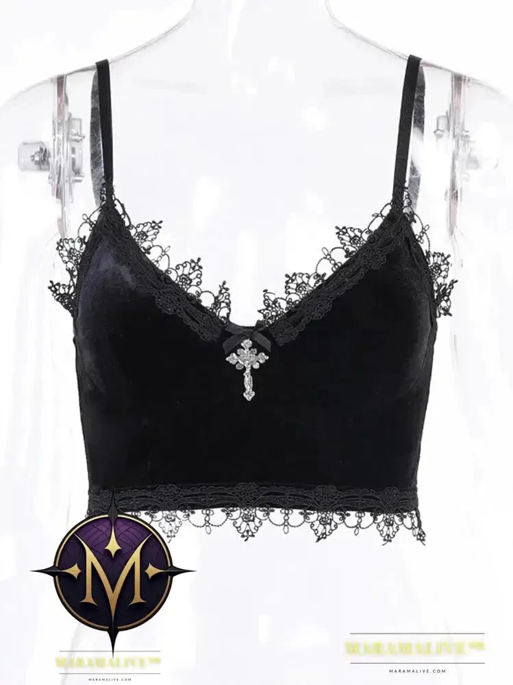 Velvet Y2K Mall Goth Crop Tops Black Lace Trim Emo Alternative Aesthetic Crop Tops Women Backless Sexy Strap Tanks