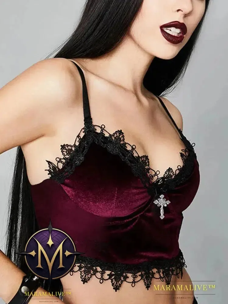 Velvet Y2K Mall Goth Crop Tops Black Lace Trim Emo Alternative Aesthetic Crop Tops Women Backless Sexy Strap Tanks