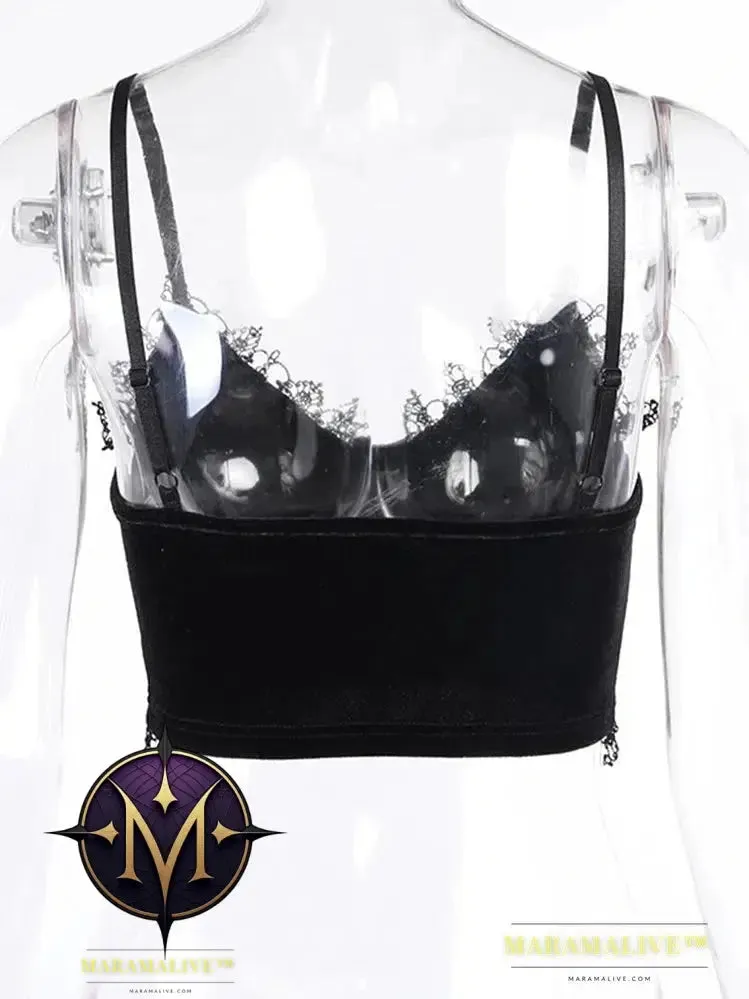 Velvet Y2K Mall Goth Crop Tops Black Lace Trim Emo Alternative Aesthetic Crop Tops Women Backless Sexy Strap Tanks
