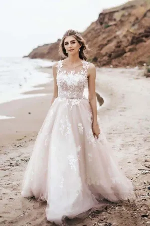 Vintage A Line Tulle Lace Illustion Neckline Corset Back Wedding Dresses, MW508