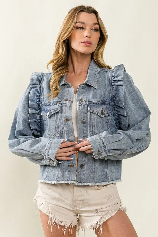 Vintage Denim Ruffle Sleeve Jacket