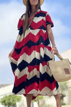 Vintage Elegant Geometric Print Patchwork O Neck A Line Dresses